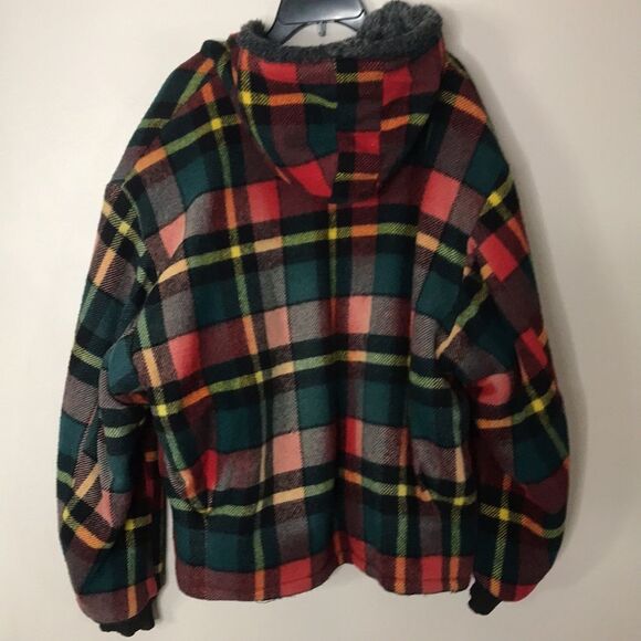 Golden Fleece reversible wool plaid and charcoal gray zip up hooded jacket - Picture 9 of 16